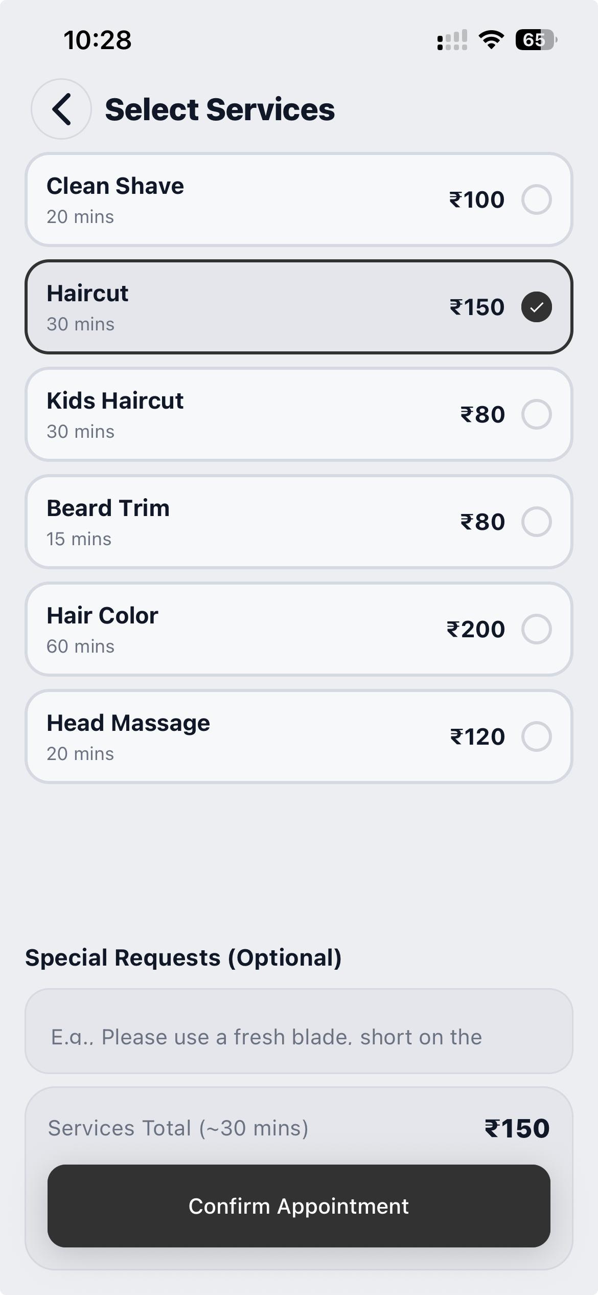 Visitor select services screen